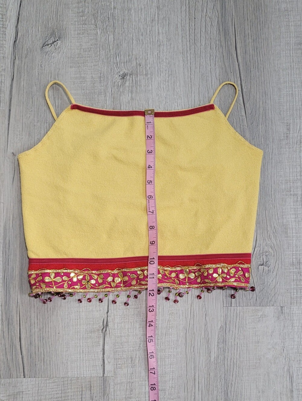 ​Vintage 90s Y2K Cache Yellow Beaded Fringe Open Back Cami Crop Top Large - Picture 13 of 13